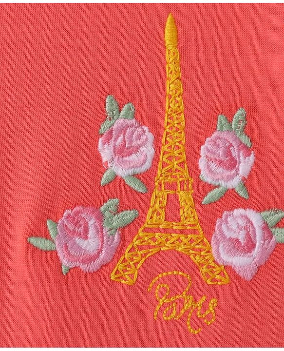 ToffyHouse Half Sleeves Dress With Floral Embroidery & Bow Applique - Coral Pink