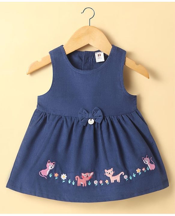 ToffyHouseHalf Sleeves Printed Inner Top & Frock with Kitty Embroidery - Navy Blue