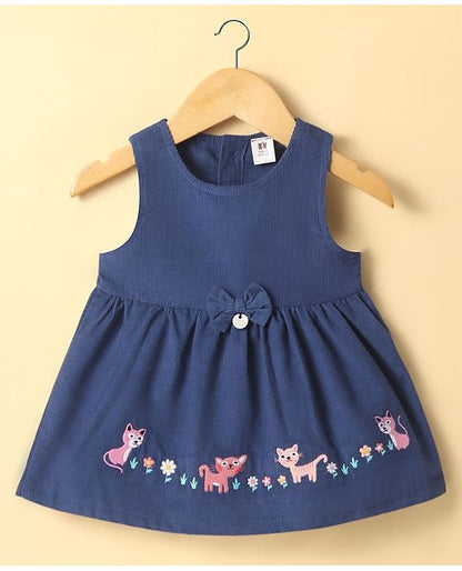 ToffyHouseHalf Sleeves Printed Inner Top & Frock with Kitty Embroidery - Navy Blue
