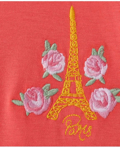 ToffyHouse Half Sleeves Dress With Floral Embroidery & Bow Applique - Coral Pink