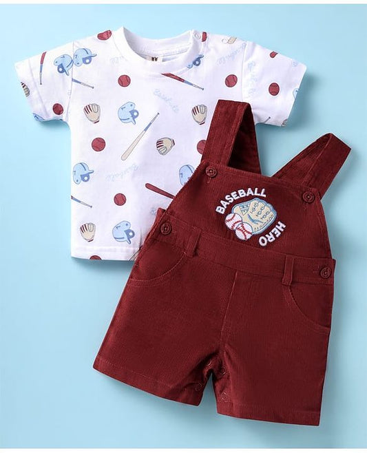 ToffyHouse  Half Sleeves T-Shirt & Dungaree with Base Ball Print & Patch - Wine & White