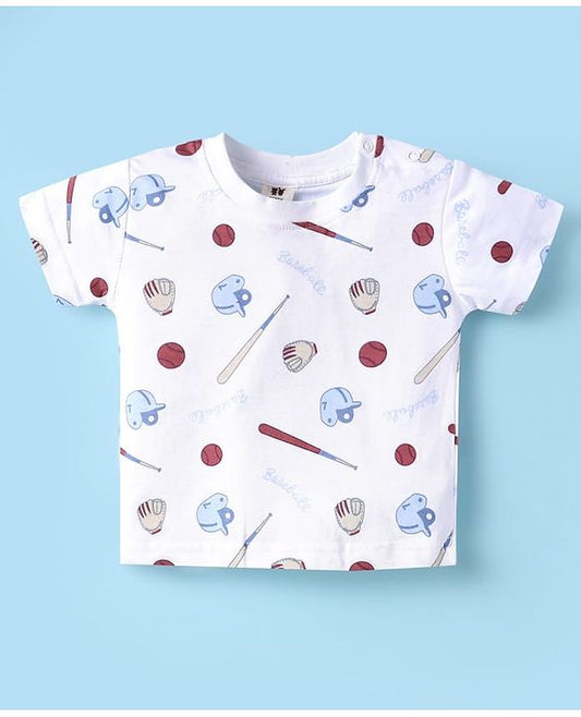 ToffyHouse  Half Sleeves T-Shirt & Dungaree with Base Ball Print & Patch - Wine & White