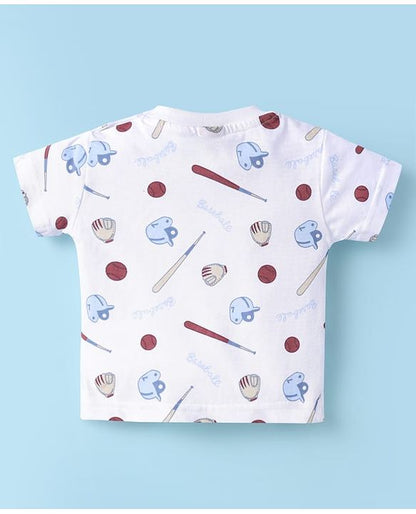 ToffyHouse  Half Sleeves T-Shirt & Dungaree with Base Ball Print & Patch - Wine & White
