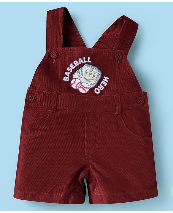 ToffyHouse  Half Sleeves T-Shirt & Dungaree with Base Ball Print & Patch - Wine & White