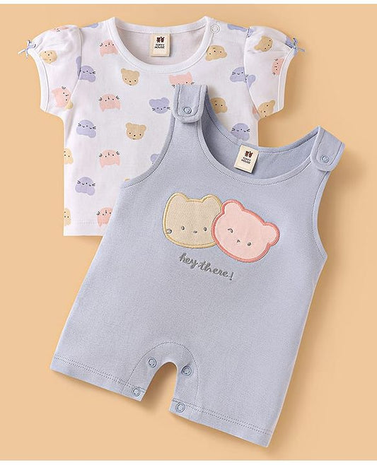 ToffyHouse Half Sleeves  T-Shirt & Dungaree Style Romper With Teddy Print - Mauve