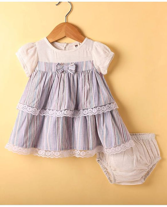 ToffyHouse  Half Sleeves Striped Frock & Bloomer with Bow Applique - Multicolor
