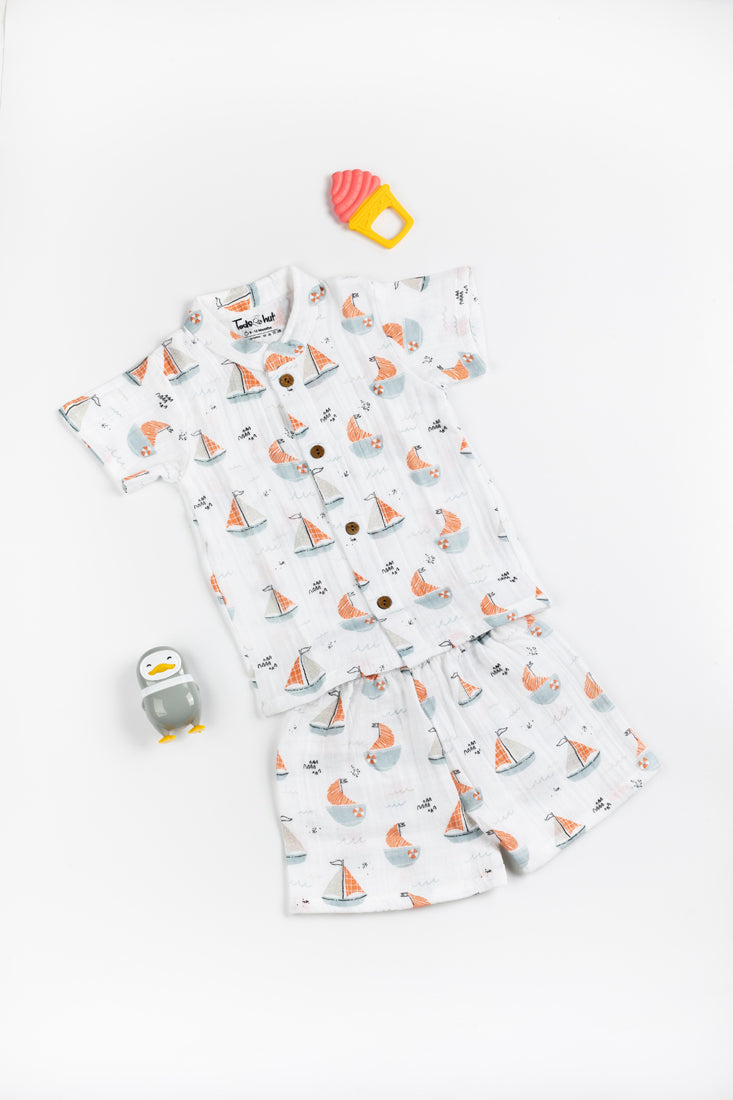 Muslin Chinese Collar Jabla with Shorts KH Sailing Boat