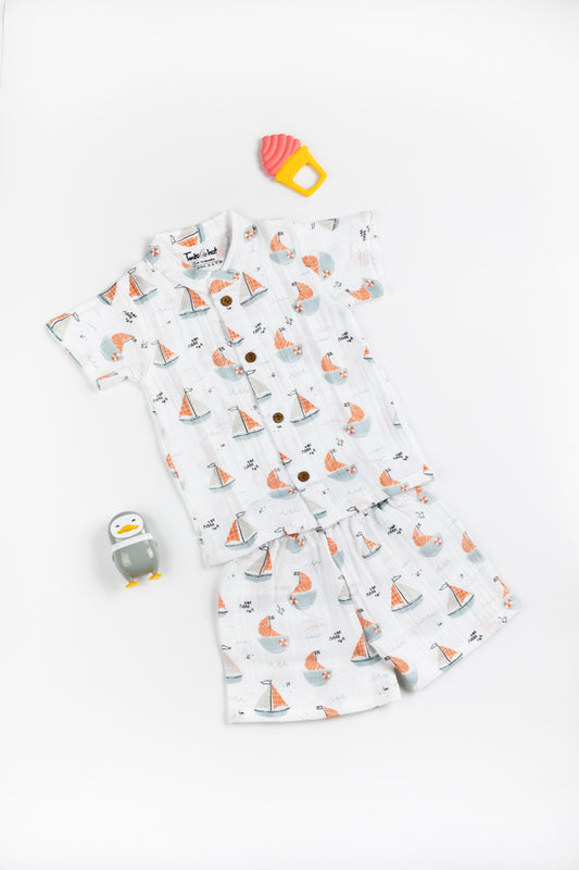 Muslin Chinese Collar Jabla with Shorts KH Sailing Boat