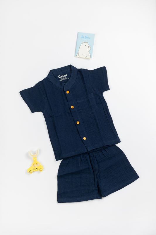 Muslin Chinese Collar Jabla with Shorts KH Navy