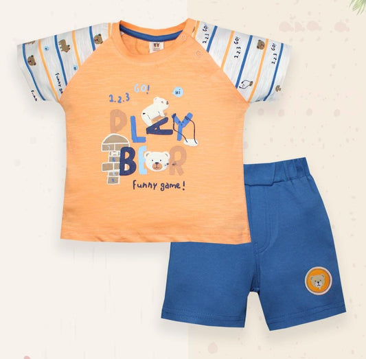 ToffyHouse Half Sleeves T Shirt With Shorts Bear Print - Orange Blue