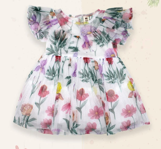 ToffyHouse Woven Frill Sleeves Frock With Mesh & Ruffles Detailing - White