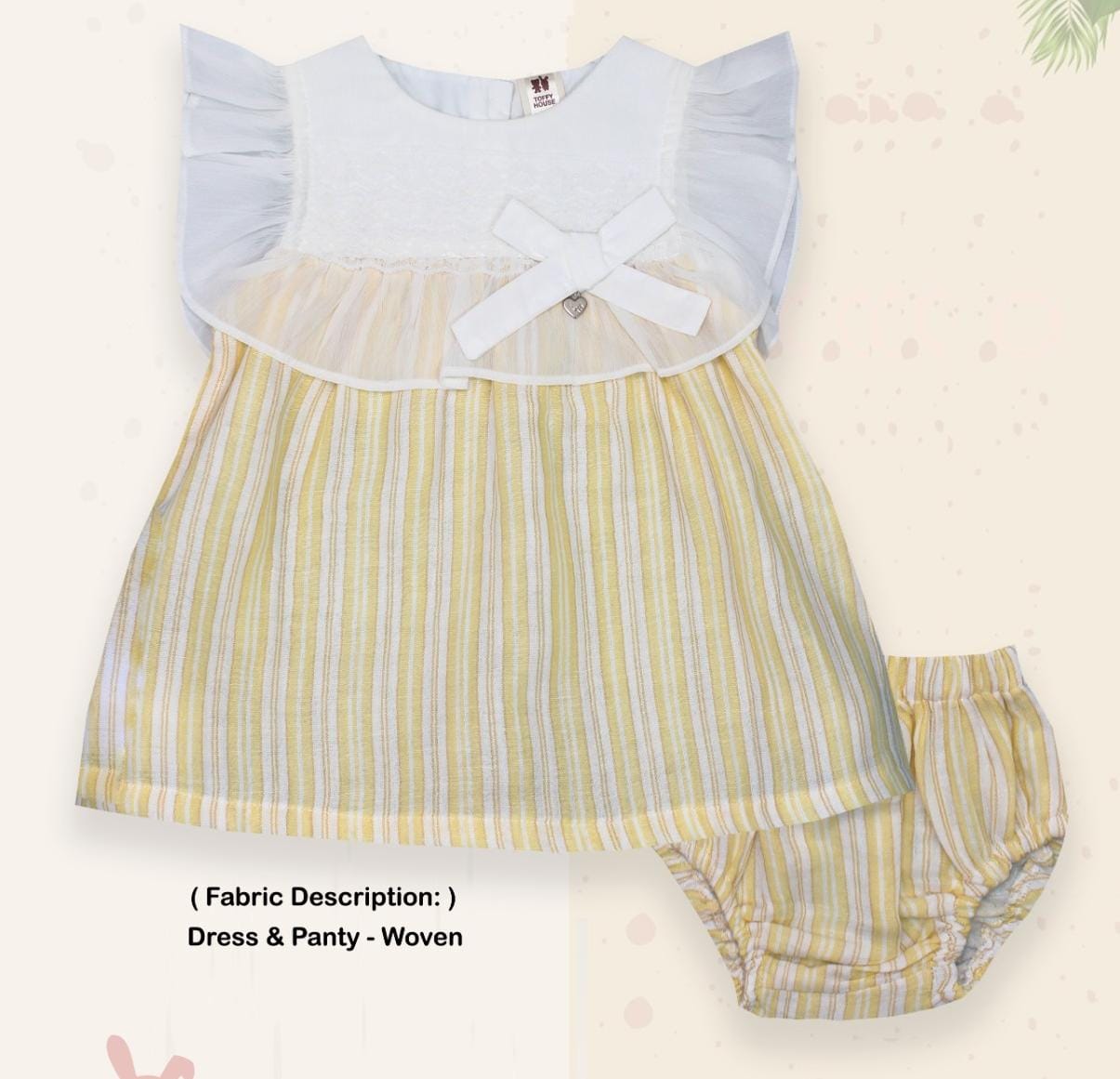 ToffyHouse Cotton Woven Frill Sleeves Striped Frock with Bloomer - Yellow