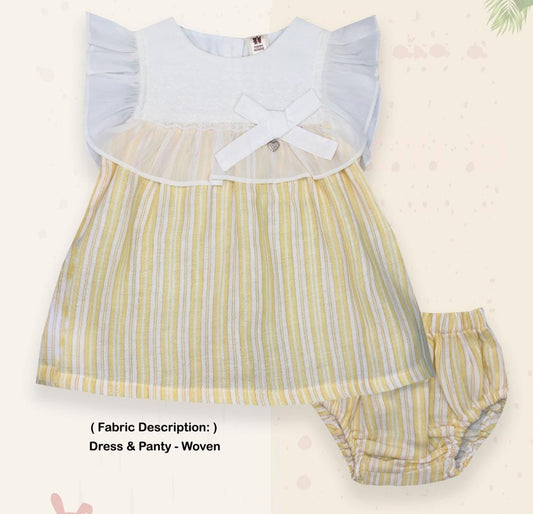 ToffyHouse Cotton Woven Frill Sleeves Striped Frock with Bloomer - Yellow