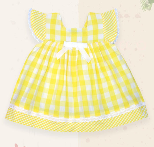 ToffyHouse Cotton Woven Frill Sleeves Checks Frock - Yellow