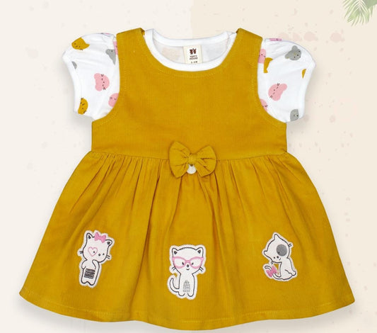 ToffyHouse Cotton Woven Half Sleeves Frocks with Inner T-Shirt with Cat Print & Embroidery with Bow Applique - Mustrad