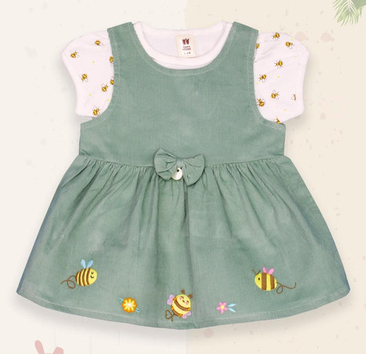 ToffyHouse Cotton Woven Half Sleeves Frocks with Inner T-Shirt with Honey Bee Print & Embroidery with Bow Applique - Green
