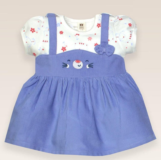 ToffyHouse Cotton Woven Half Sleeves Frock with Flower  Print & Bow Applique -  Blue & White