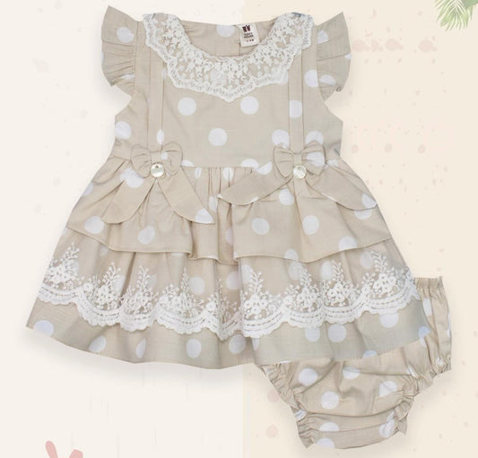ToffyHouse Cotton Frill Half Sleeves Polka Dot Printed Frock With Bow Applique & Bloomer - Beige