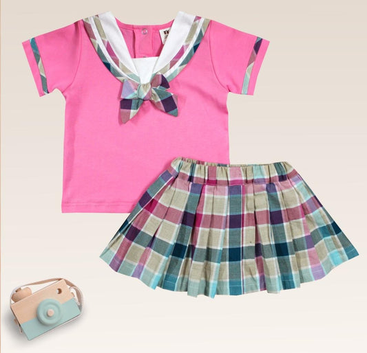 ToffyHouse Knitted Half Sleeves Top & Skirt Set & Bow Applique -Pink