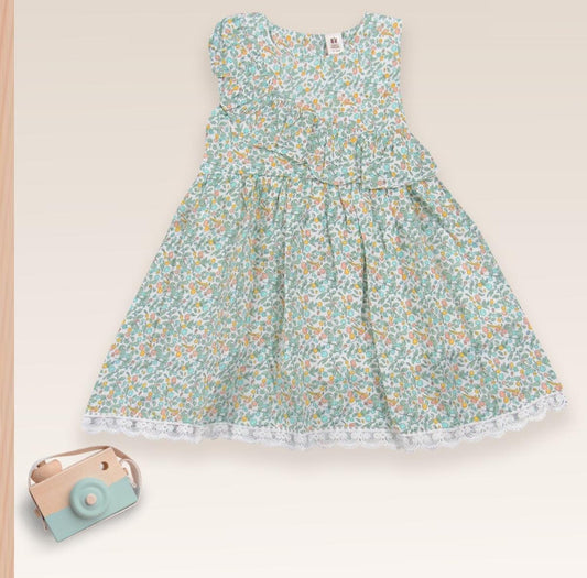 ToffyHouse Cotton Woven Half Sleeves Frock With Floral Print  - White Green