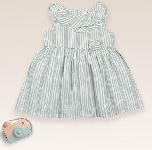 offyHouse Cotton Woven Half Sleeves Frock With Striped Design - Green