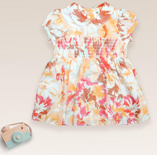 ToffyHouse Woven Half Sleeves Frock With Animal Patch & Bow Print -Orange