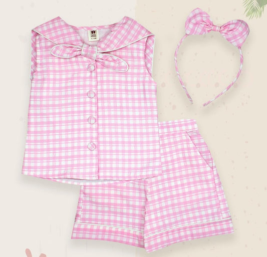 ToffyHouse Cotton Woven Sleeveless Sailor Neck Top & Shorts Co-Ord Set With Headband - Pink