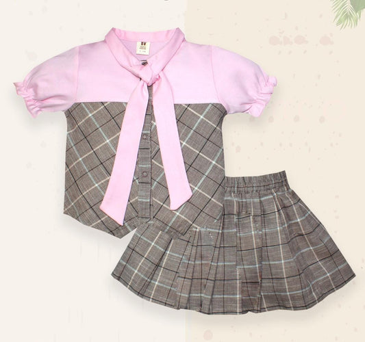 ToffyHouse Cotton Half Sleeves Top with Striped & Skirt Set - Pink
