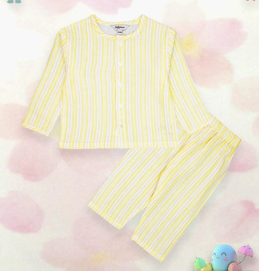 ToffyHouse Muslin Knit Full Sleeves Night Suit With Striped Print - Yellow