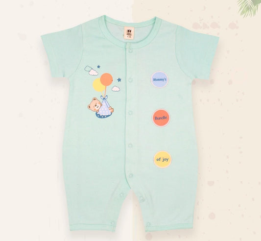 ToffyHouse Cotton Knit Half Sleeves Rompers With Teddy Printed - SeaGreen