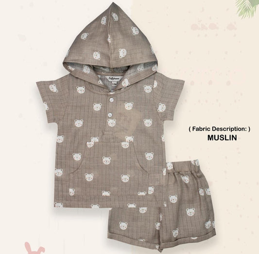 ToffyHouse Cotton Woven Half Sleeves Teddy Hooded Shirt & Shorts Set - Coffee