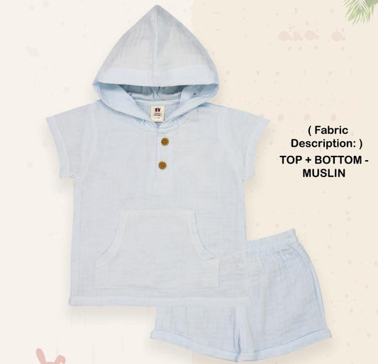 ToffyHouse Cotton Woven Half Sleeves Plain Hooded Shirt & Shorts Set - Pink