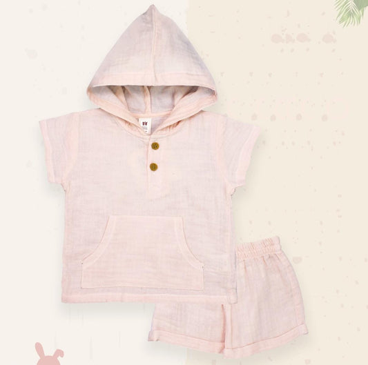 ToffyHouse Cotton Woven Half Sleeves Plain Hooded Shirt & Shorts Set - Orange