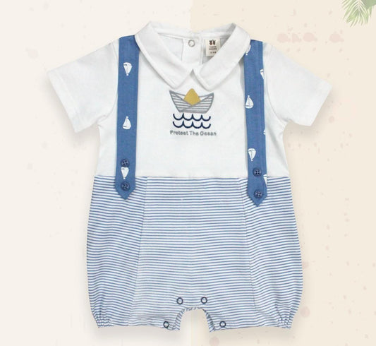 ToffyHouse Cotton Knit Half Sleeves Checks Romper - White bLUE