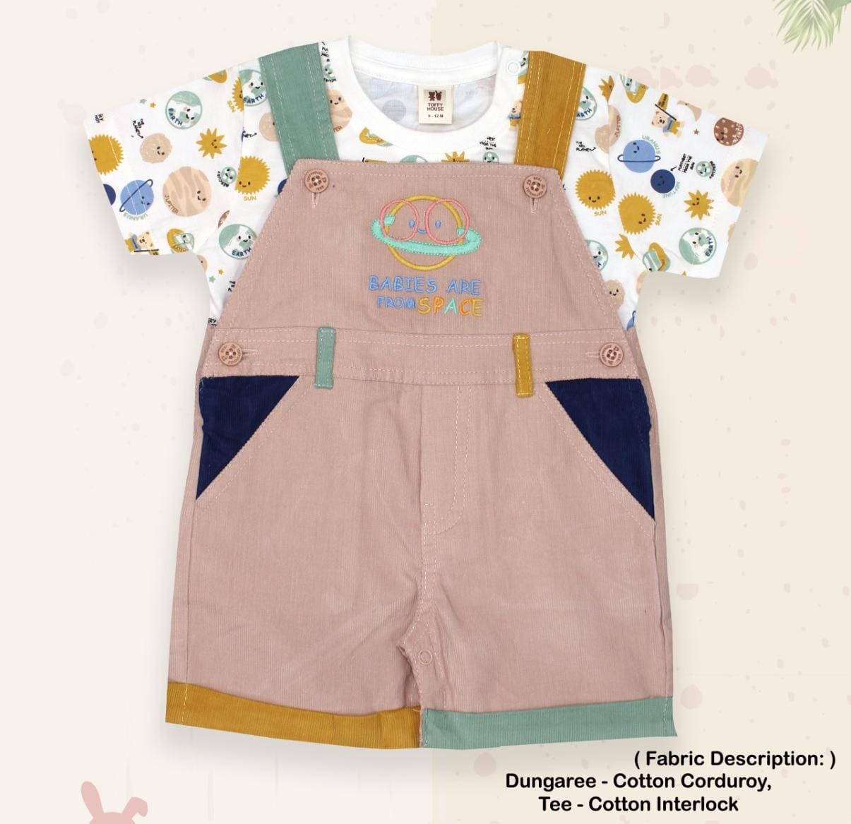 ToffyHouse Cotton Knit Dungaree with Half Sleeves Inner Tee & Sapce Theme Print - Multicolor