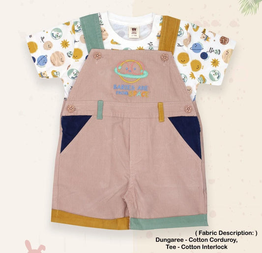 ToffyHouse Cotton Knit Dungaree with Half Sleeves Inner Tee & Sapce Theme Print - Multicolor