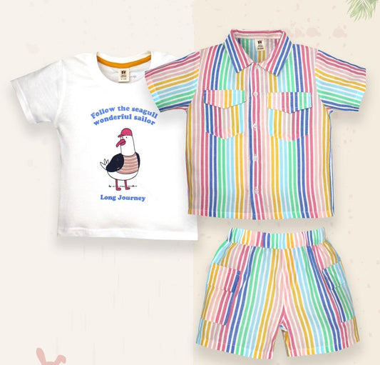 ToffyHouse Cotton Woven Half Sleeves Striped Shirt With T-shirt & Shorts Set - Multicolor