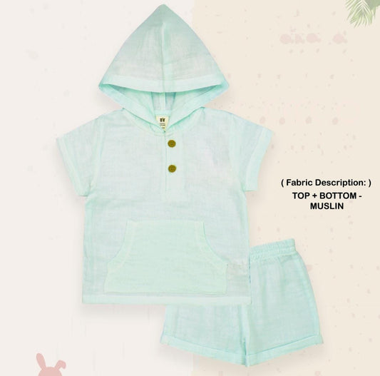 ToffyHouse Muslin Woven Half Sleeves Plain Hooded Shirt & Shorts Set - SeaGreen