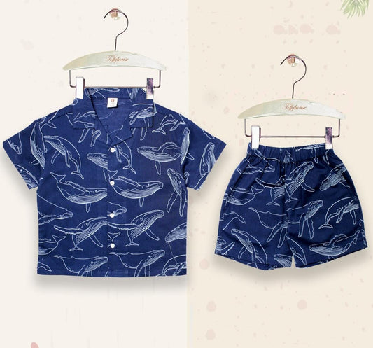 ToffyHouse 100% Woven Cotton Yarn Dyed Half Sleeves Shirt & Shorts Co-Ord Set  - Navy