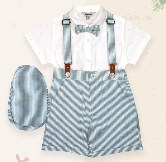 ToffyHouse Poplin Woven Half Sleeves Printed Shirt & Shorts Set with Hat Bow & Suspender - Light Green