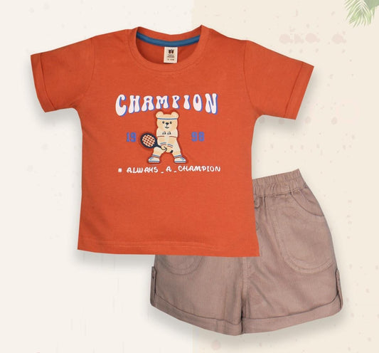 ToffyHouse Interlock Knit Half Sleeves T-Shirt & Shorts Set with Bear Print - Orange