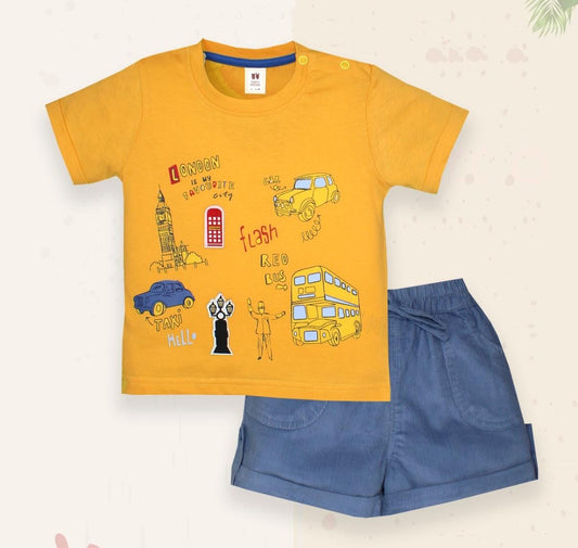 ToffyHouse Woven Half Sleeves Striped T-Shirt & Short Set With Vehicle Print - Yellow & Blue