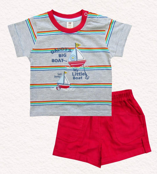 ToffyHouse Woven Half Sleeves Striped T-Shirt & Short Set With Boat Print  - Red
