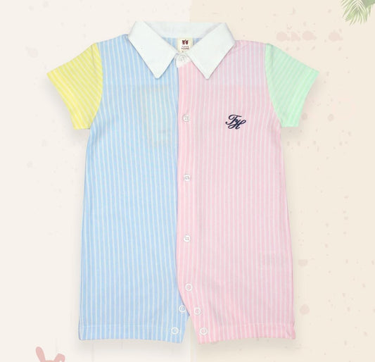 Babyhug 100% Cotton Knit Half Sleeves Romper With Striped Print - Multi