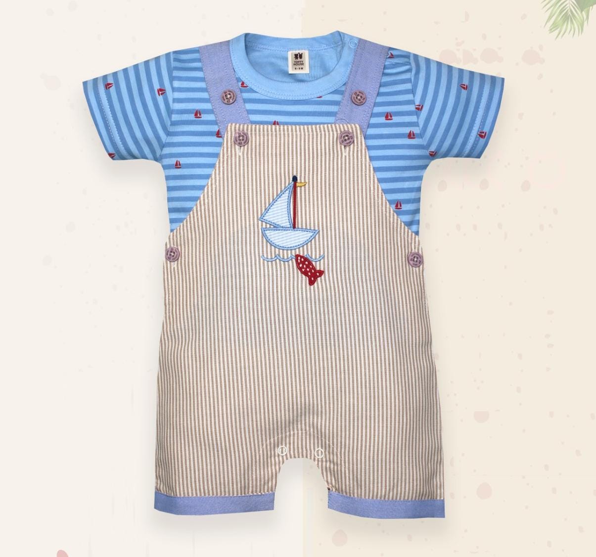 ToffyHouse Cotton Dungaree with Half Sleeves T-Shirt with Boat  Applique - Sky  Blue