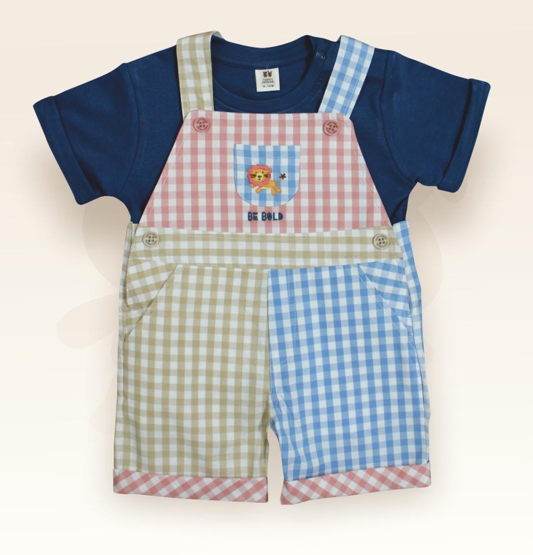 ToffyHouse Cotton Dungaree with Half Sleeves T-Shirt with  Lion Applique - Navy Blue