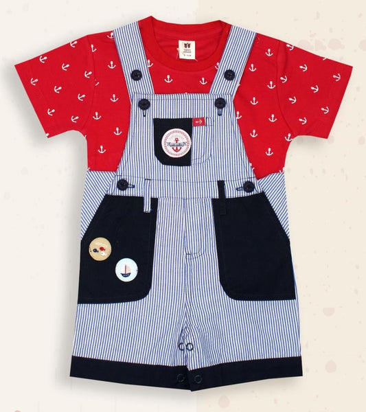 ToffyHouse Cotton Dungaree with Half Sleeves T-Shirt with Jesus Applique - Red & Blue