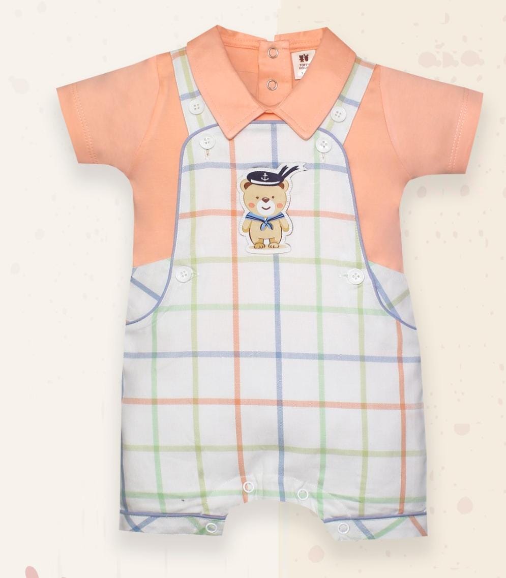 ToffyHouse Cotton Dungaree with Half Sleeves T-Shirt with Teddy Applique - Orange