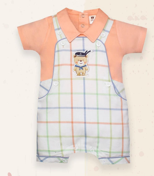 ToffyHouse Cotton Dungaree with Half Sleeves T-Shirt with Teddy Applique - Orange