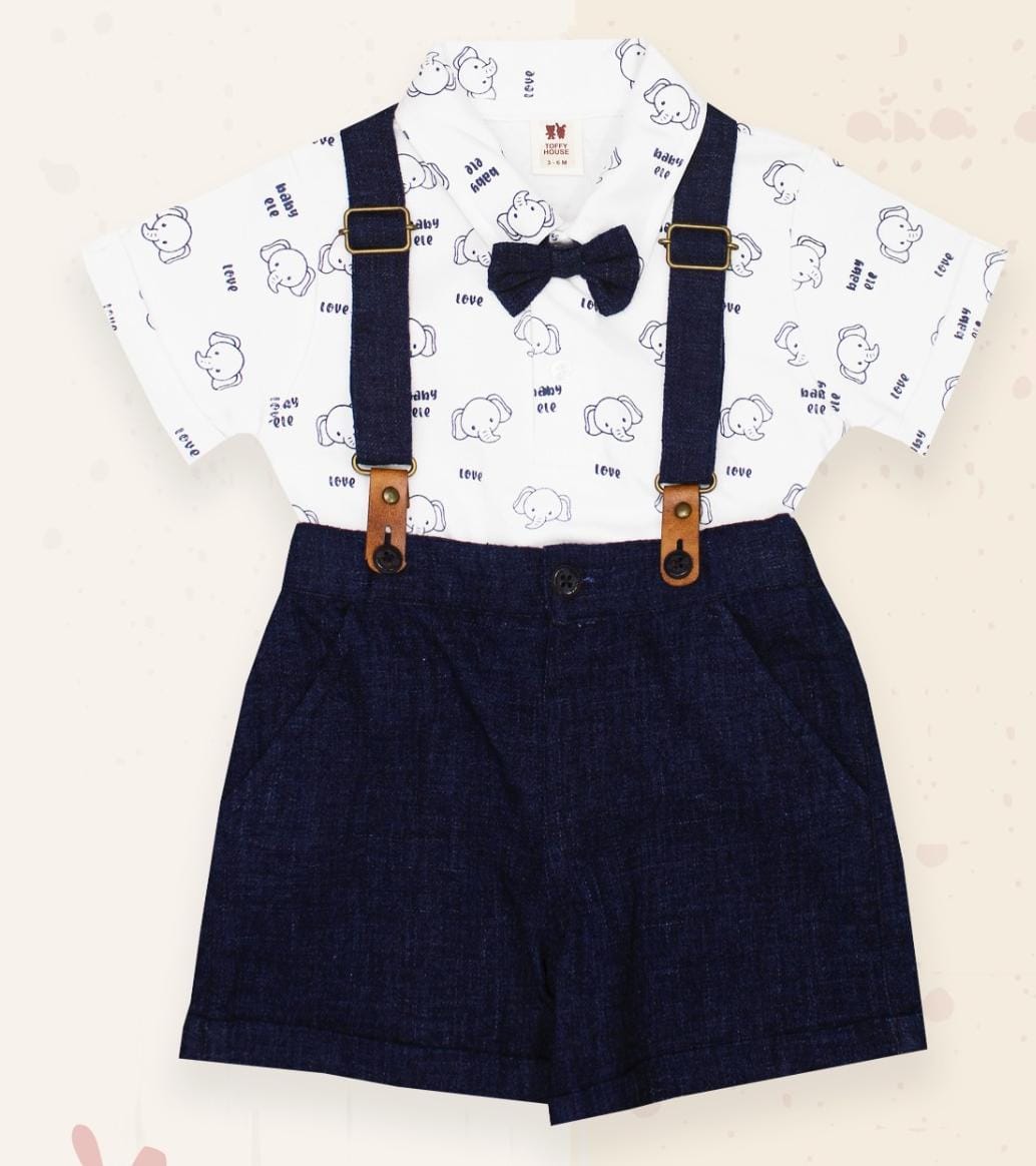 ToffyHouse Cotton Dungaree with Half Sleeves T-Shirt with Teddy Applique - Navy Blue